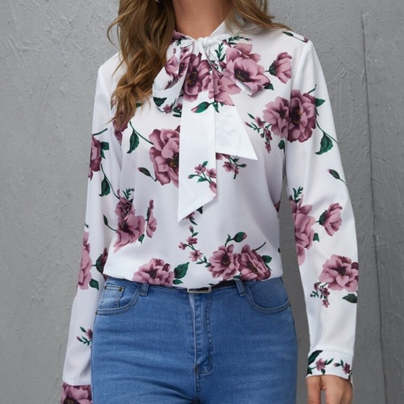 Tops - Boho Floral Tie Neck Long Sleeve Blouse